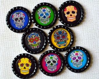 Sugar Skull Bottlecap Magnets- 8 Strong Day of the Dead Magnets- Colorful Dia de los Muertos Magnets- Day of the Dead Decor- Kitchen Decor