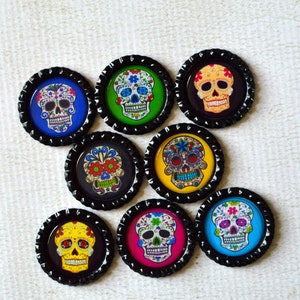 Sugar Skull Bottlecap Magnets 8 Strong Day of the Dead Magnets Colorful Dia de los Muertos Magnets Day of the Dead Decor Kitchen Decor image 1