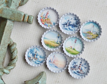 Lighthouse Bottlecap Magnets- Coastal, Ocean, Beach, Nautical Decor, Kitchen, Refrigerator Magnets,   Strong Magnets, Lighthouse Lover Gift