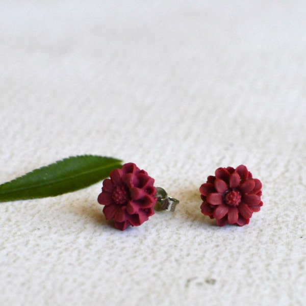 Red Flower Earring Studs- Titanium Chrysanthemum Earrings- Dark Red Flower Studs- Hypoallergenic Earrings- Titanium Earring Posts- Girl Gift