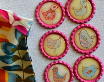 Bird Decor- 6 Whimsical Bird Bottlecap Magnets- Cute Bird Magnets- Chicken Magnets- Chicken Kitchen Decor- Folk Bird Magnets