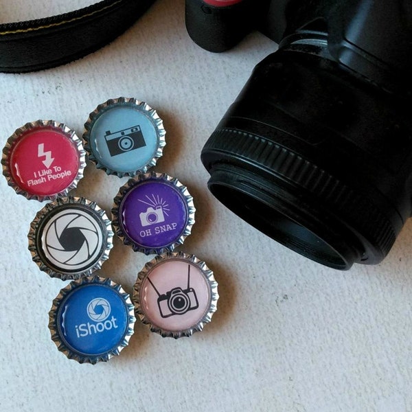 Photography Gift- Bottlecap Magnets- Gift for Photographer- Camera Gift- Camera Lens- Fridge Magnets- Gift Under 10- Camera Lover- Oh Snap