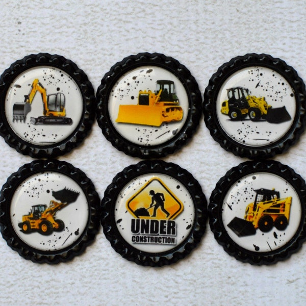 Construction Vehicles Bottlecap Magnets- Boy Magnets- Birthday Party Favors- Under Construction- Boy Gift- Digger, Backhoe, Excavator