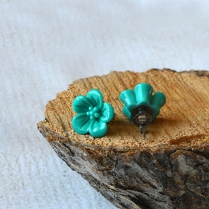 Teal Hibiscus Earrings- Titanium Hibiscus Flower Earrings- Teal Flower Studs- Titanium Flower Studs- Hypoallergenic Earrings- Gift under 10