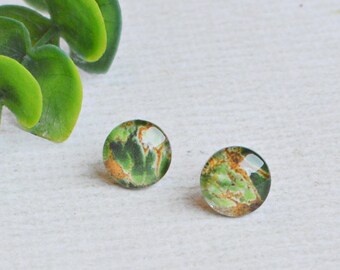 Green Glass Earrings- Titanium & Hypoallergenic- Green and Brown Abstract Posts- Made from Upcycled Paper- Earthy, Nature Inspired Studs