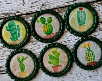 Cactus Bottlecap Magnets- Cute Potted Cactus Decor- Cacti Magnets- Cactus Gift- Cactus Kitchen- Southwest- Saguaro, Prickly Pear, Barrel