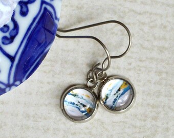 White, Blue & Yellow Glass Earrings- Tiny Dangles- Round, Circle Earrings- Small Striped Dangle Earrings- Titanium Jewelry, Ear Wires