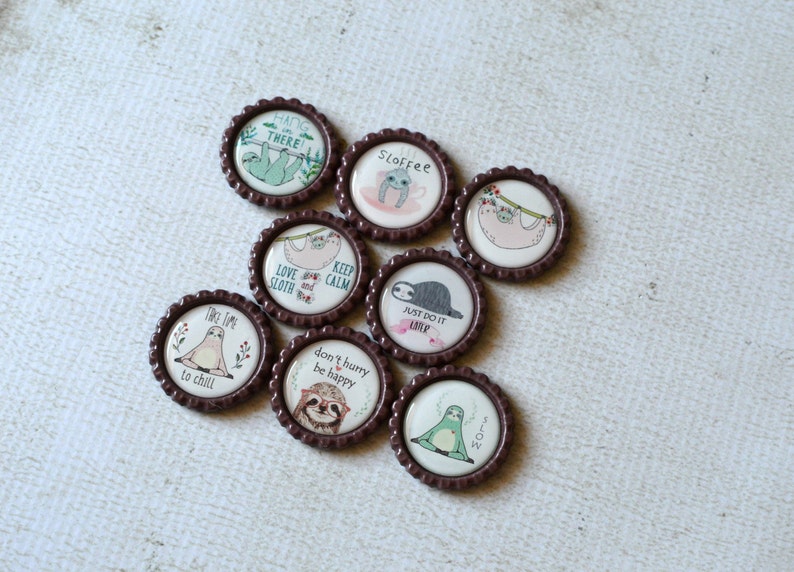 Sloth Bottlecap Magnets Gift for Coworker Gift Under 10 Cute Sloth Decor Office or Locker Magnets Gift for Sloth Lover Sloth Gift image 2