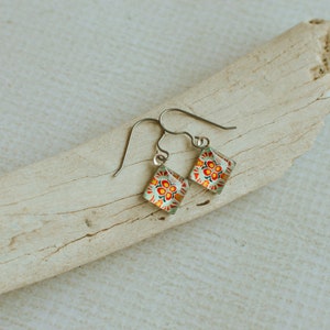 Orange Mandala Dangle Earrings Short Dangles Boho Glass Earrings Bohemian Gift Titanium Dangle Earrings Orange Flower Tribal Earrings image 7