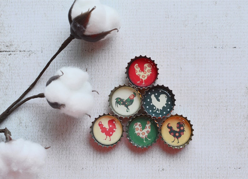Farmhouse Kitchen Upcycled Bottlecap Magnets Country Chickens and Roosters Super Strong Bottlecap Magnets image 8