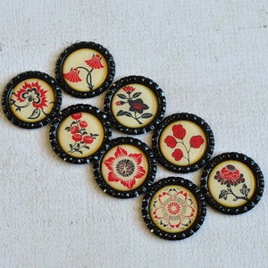 Asian Flower Magnets Red, Black and Cream Floral Bottlecap Magnets Asian Japanese Decor Strong Fridge Magnets Gift Under 10 Friend Gift image 2