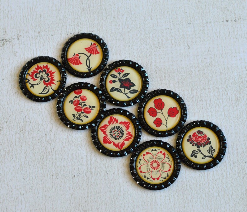 Asian Flower Magnets Red, Black and Cream Floral Bottlecap Magnets Asian Japanese Decor Strong Fridge Magnets Gift Under 10 Friend Gift image 2