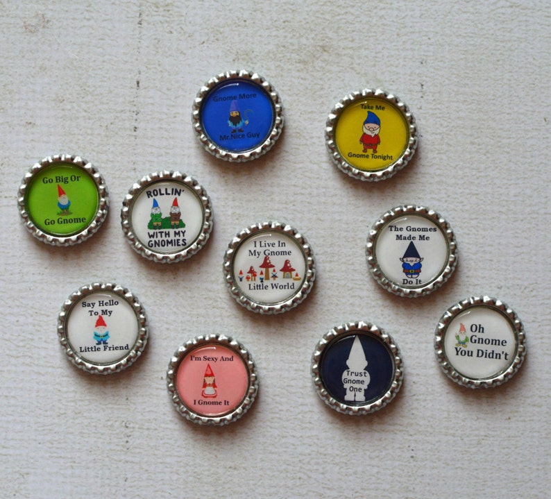 Funny Gnome Bottlecap Magnets Gnome Decor Kitchen Magnets Gnome Humor Fun Magnets Quirky Gift Gnome Gift Gnome Humor Set of 10 image 3