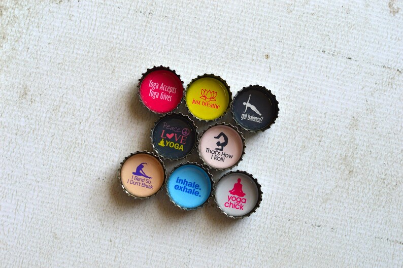 Yoga Gift Yoga Upcycled Bottlecap Magnets Yoga Meditation Yoga Mom Gift Healthy Living Inhale Exhale Just Breath Yoga Kitchen Magnets image 2