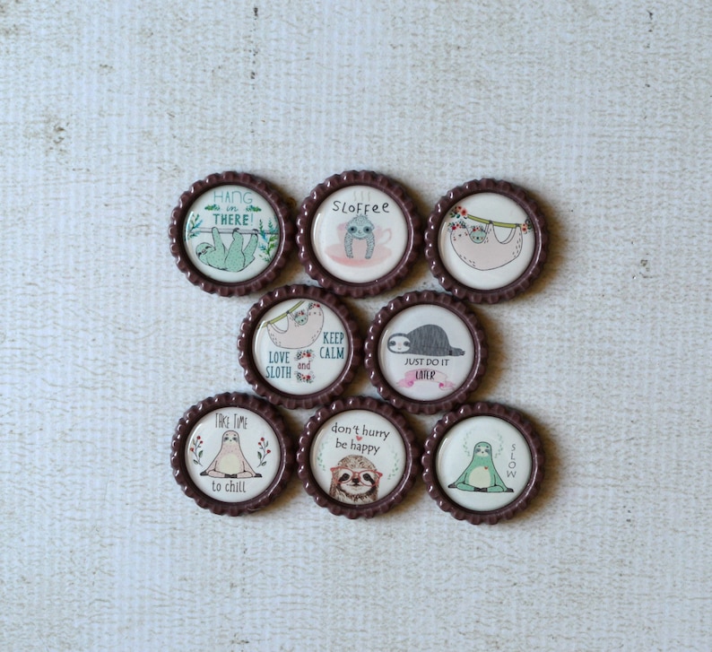 Sloth Bottlecap Magnets Gift for Coworker Gift Under 10 Cute Sloth Decor Office or Locker Magnets Gift for Sloth Lover Sloth Gift image 1