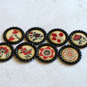 Asian Flower Magnets Red, Black and Cream Floral Bottlecap Magnets Asian Japanese Decor Strong Fridge Magnets Gift Under 10 Friend Gift image 5