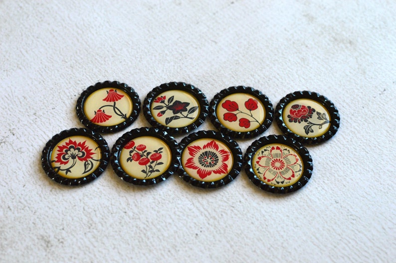 Asian Flower Magnets Red, Black and Cream Floral Bottlecap Magnets Asian Japanese Decor Strong Fridge Magnets Gift Under 10 Friend Gift image 5