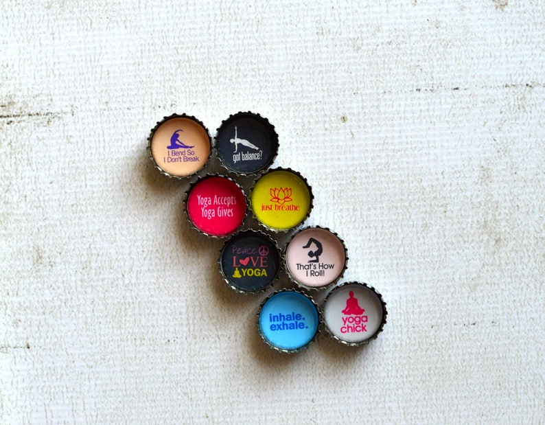 Yoga Gift Yoga Upcycled Bottlecap Magnets Yoga Meditation Yoga Mom Gift Healthy Living Inhale Exhale Just Breath Yoga Kitchen Magnets image 1