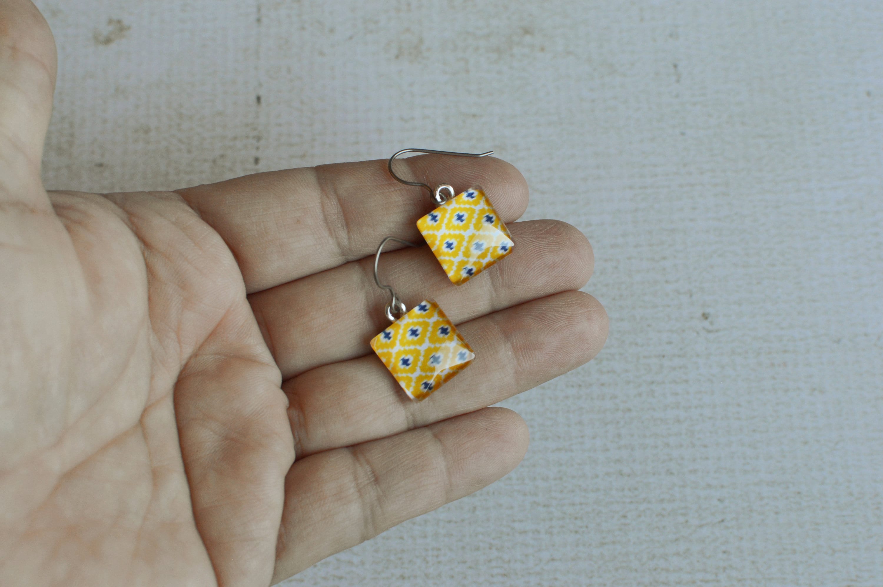 Southwest Aztec Inspired Glass Earrings- Yellow, Dark Blue