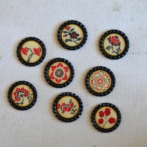 Asian Flower Magnets Red, Black and Cream Floral Bottlecap Magnets Asian Japanese Decor Strong Fridge Magnets Gift Under 10 Friend Gift image 4