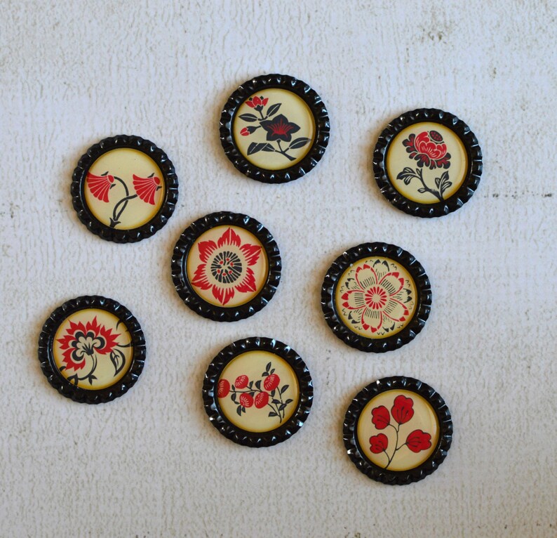 Asian Flower Magnets Red, Black and Cream Floral Bottlecap Magnets Asian Japanese Decor Strong Fridge Magnets Gift Under 10 Friend Gift image 4