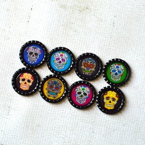 Sugar Skull Bottlecap Magnets 8 Strong Day of the Dead Magnets Colorful Dia de los Muertos Magnets Day of the Dead Decor Kitchen Decor image 5