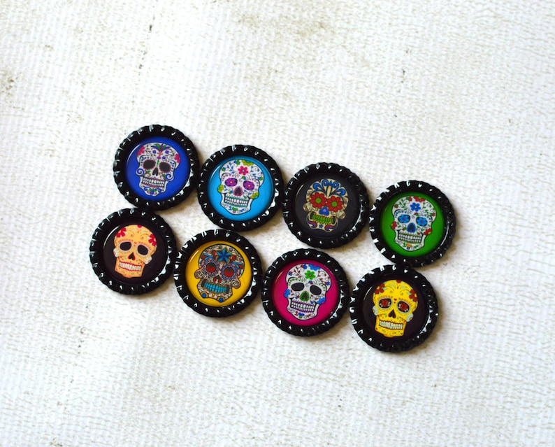 Sugar Skull Bottlecap Magnets 8 Strong Day of the Dead Magnets Colorful Dia de los Muertos Magnets Day of the Dead Decor Kitchen Decor image 5