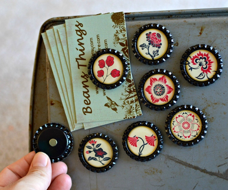 Asian Flower Magnets Red, Black and Cream Floral Bottlecap Magnets Asian Japanese Decor Strong Fridge Magnets Gift Under 10 Friend Gift image 3