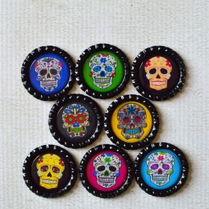 Sugar Skull Bottlecap Magnets 8 Strong Day of the Dead Magnets Colorful Dia de los Muertos Magnets Day of the Dead Decor Kitchen Decor image 4