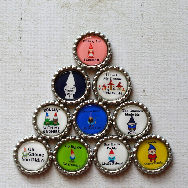 Funny Gnome Bottlecap Magnets Gnome Decor Kitchen Magnets Gnome Humor Fun Magnets Quirky Gift Gnome Gift Gnome Humor Set of 10 image 1