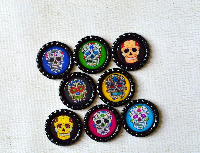 Sugar Skull Bottlecap Magnets 8 Strong Day of the Dead Magnets Colorful Dia de los Muertos Magnets Day of the Dead Decor Kitchen Decor image 1