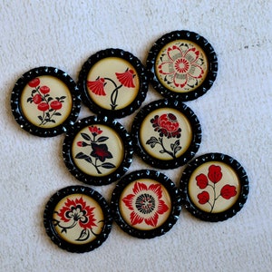 Asian Flower Magnets Red, Black and Cream Floral Bottlecap Magnets Asian Japanese Decor Strong Fridge Magnets Gift Under 10 Friend Gift image 6