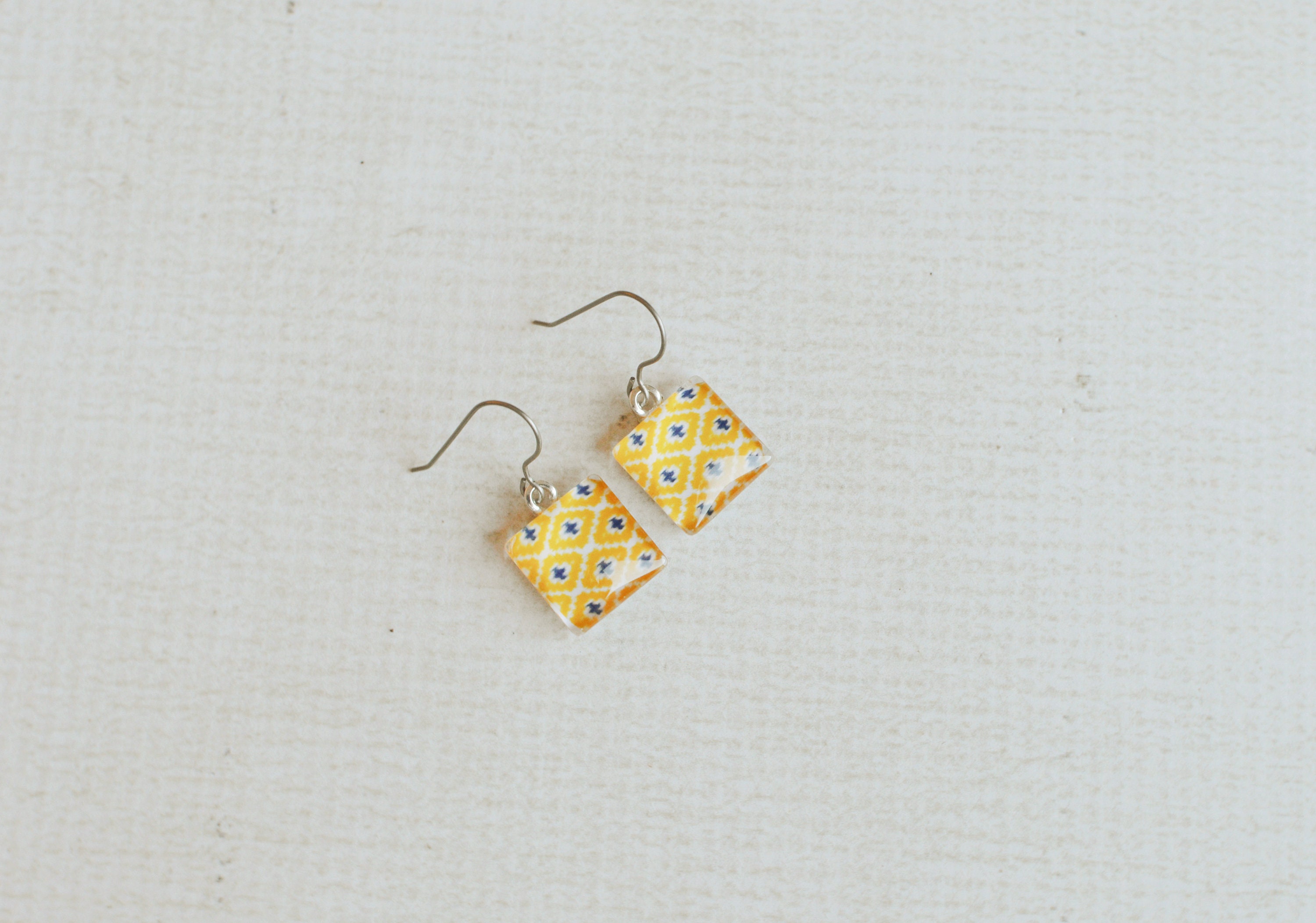 Southwest Aztec Inspired Glass Earrings- Yellow, Dark Blue