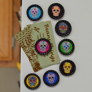 Sugar Skull Bottlecap Magnets 8 Strong Day of the Dead Magnets Colorful Dia de los Muertos Magnets Day of the Dead Decor Kitchen Decor image 6