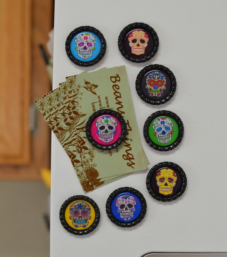 Sugar Skull Bottlecap Magnets 8 Strong Day of the Dead Magnets Colorful Dia de los Muertos Magnets Day of the Dead Decor Kitchen Decor image 6