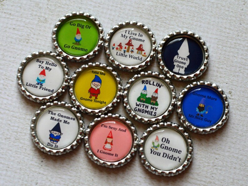 Funny Gnome Bottlecap Magnets Gnome Decor Kitchen Magnets Gnome Humor Fun Magnets Quirky Gift Gnome Gift Gnome Humor Set of 10 image 2