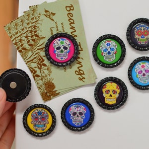 Sugar Skull Bottlecap Magnets 8 Strong Day of the Dead Magnets Colorful Dia de los Muertos Magnets Day of the Dead Decor Kitchen Decor image 2