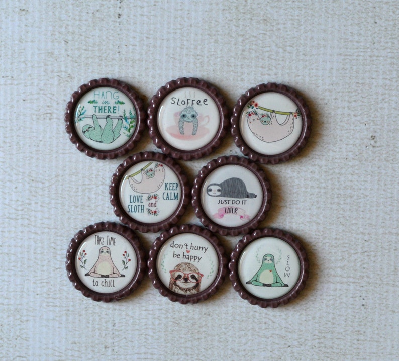 Sloth Bottlecap Magnets Gift for Coworker Gift Under 10 Cute Sloth Decor Office or Locker Magnets Gift for Sloth Lover Sloth Gift image 10