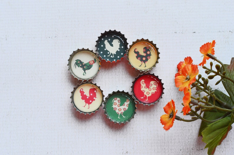 Farmhouse Kitchen Upcycled Bottlecap Magnets Country Chickens and Roosters Super Strong Bottlecap Magnets image 2