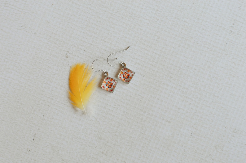 Orange Mandala Dangle Earrings Short Dangles Boho Glass Earrings Bohemian Gift Titanium Dangle Earrings Orange Flower Tribal Earrings image 4