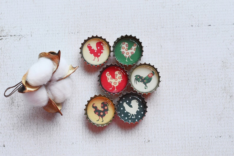 Farmhouse Kitchen Upcycled Bottlecap Magnets Country Chickens and Roosters Super Strong Bottlecap Magnets image 1