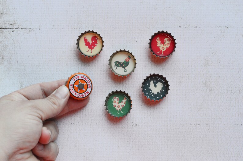 Farmhouse Kitchen Upcycled Bottlecap Magnets Country Chickens and Roosters Super Strong Bottlecap Magnets image 5