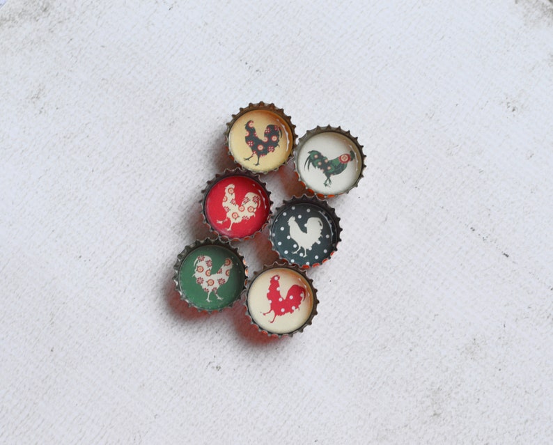 Farmhouse Kitchen Upcycled Bottlecap Magnets Country Chickens and Roosters Super Strong Bottlecap Magnets image 9