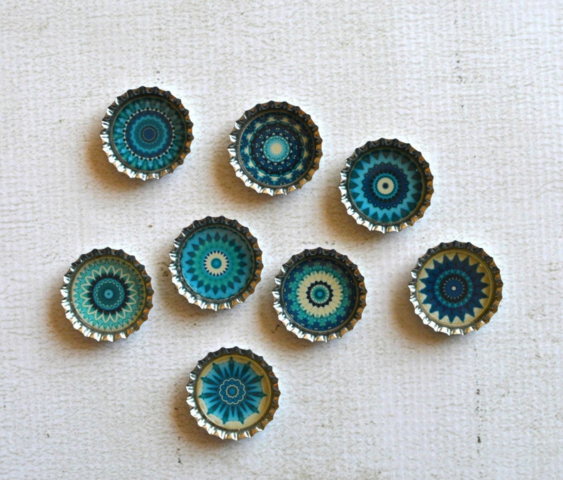 Kaleidoscope Bottlecap Magnets Pretty Blue and White Kitchen Magnets Blue Floral Mandala Magnets Gift For Her Set of 8 Gift Under 15 image 4