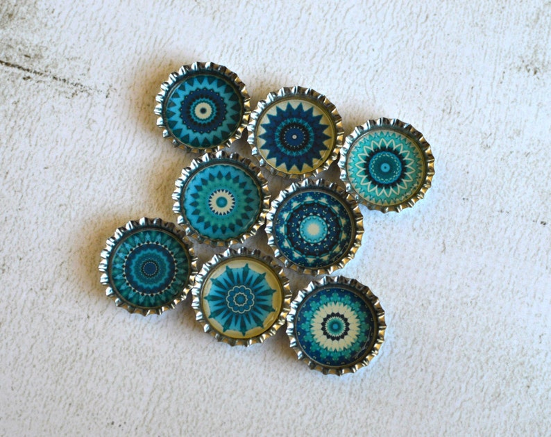 Kaleidoscope Bottlecap Magnets Pretty Blue and White Kitchen Magnets Blue Floral Mandala Magnets Gift For Her Set of 8 Gift Under 15 image 5