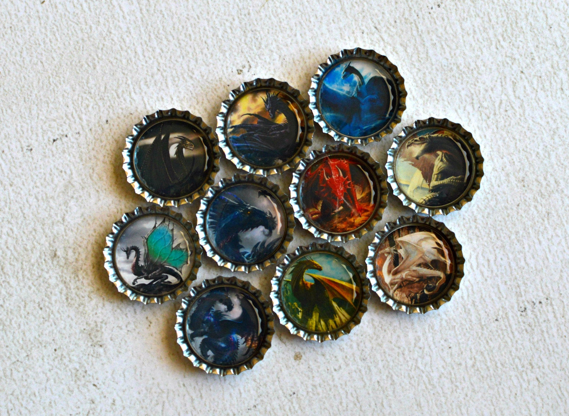 Dragon Bottlecap Magnets - Medieval Dragons - Dragon Gift - 10 Strong Dragon, Gothic, Pagan Decor -