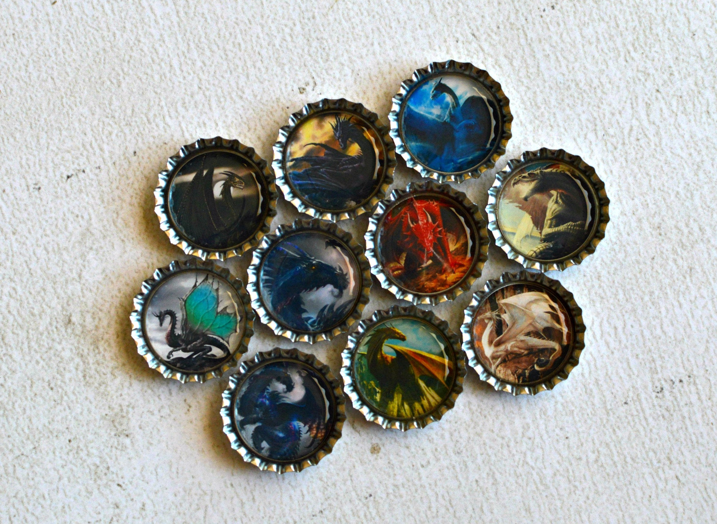 Dragon Bottlecap Magnets - Medieval Dragons - Dragon Gift - 10 Strong Dragon, Gothic, Pagan Decor - 