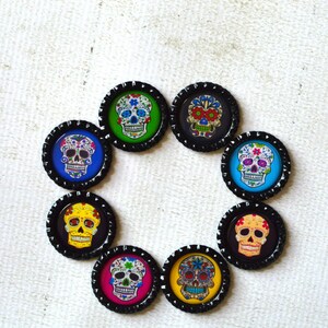 Sugar Skull Bottlecap Magnets 8 Strong Day of the Dead Magnets Colorful Dia de los Muertos Magnets Day of the Dead Decor Kitchen Decor image 3