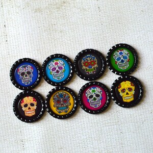 Sugar Skull Bottlecap Magnets 8 Strong Day of the Dead Magnets Colorful Dia de los Muertos Magnets Day of the Dead Decor Kitchen Decor image 7