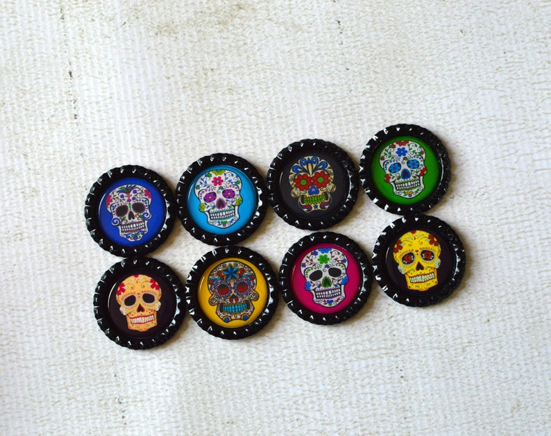 Sugar Skull Bottlecap Magnets 8 Strong Day of the Dead Magnets Colorful Dia de los Muertos Magnets Day of the Dead Decor Kitchen Decor image 7